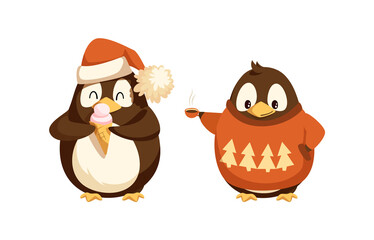 Cheerful standing penguin in Santa hat with furry ball enjoying ice-cream. Animal in sweater with pattern of trees holding cup with hot drink vector