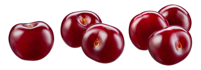 Cherry isolated. Sour cherry. Cherries on white background. Sour cherries on white. Cherry set with...