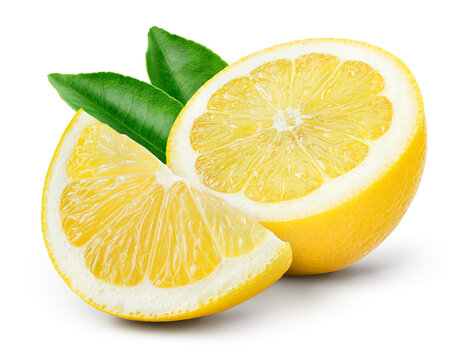 Lemon fruit with leaf isolate. Lemon half, slice, leaves on white. Lemon slices with zest isolated. With clipping path. Full depth of field.
