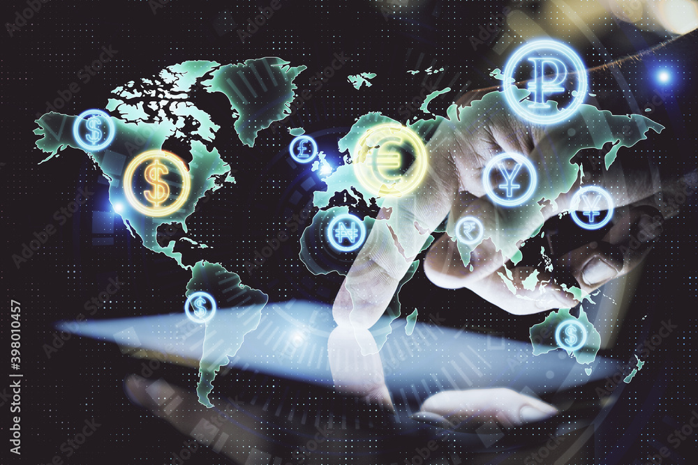 Poster double exposure of man's hands holding and using a digital device and forex graph drawing. financial