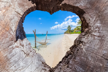 Cœur de bois troué sur plage du Morne Brabant, île Maurice 