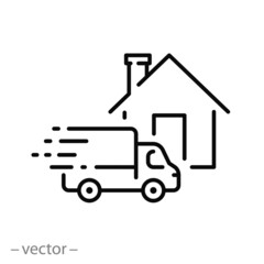 Fototapeta na wymiar fast delivery home icon, commerce service truck, order express, quick move, line symbol on white background - editable stroke vector illustration eps10