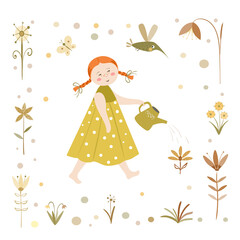 A girl with a watering can goes to water the flowers. Vector illustration in simple style isolated on a white background.