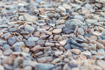 Pebbles and sand on the beach. Blurred background.