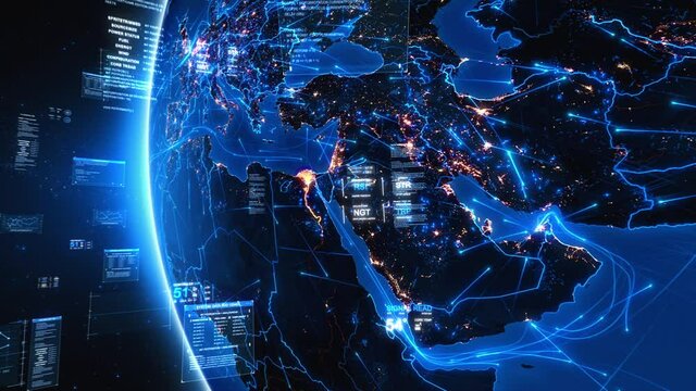 Bright connections and charts forming a network over Middle East map. Animation of the Earth with augmented reality elements, text boxes, interfaces and graphs.