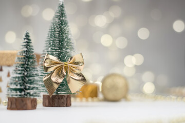 Fototapeta na wymiar Christmas attributes, Christmas tree decor, gifts on the background of Golden bokeh, New year 2021