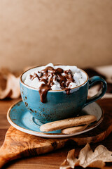 Close-up of hot chocolate with marshmallows on the table. Autumn or winter cozy still life.
