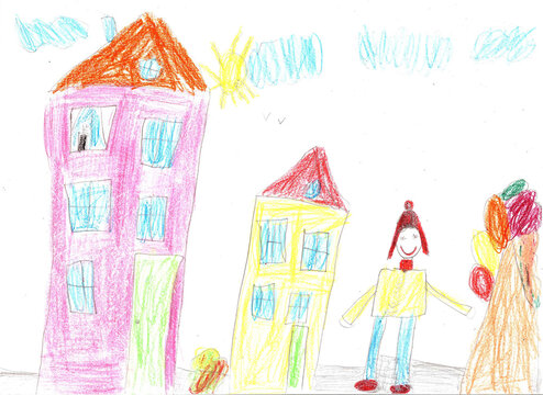 Child's drawing of a happy kids on a walk outdoors