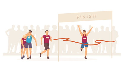 Marathon finish. Group sprinter sportsmen runner on home stretch. Ribbon breaker winner and tired athletes. Joggers winner cross finish line. Winning champion, come first to the finish line