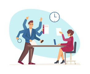 Multitasking and time management. Office worker employee with many hands doing several many tasks at same time. Business manager working at office. Work productivity
