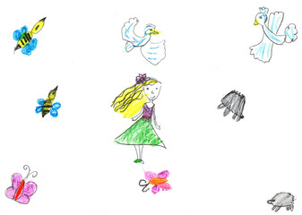 Child's drawing of a happy girl on a walk outdoors