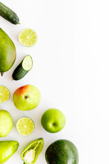 Set of raw green vegetables - source of protein, vegetarians meal, top view