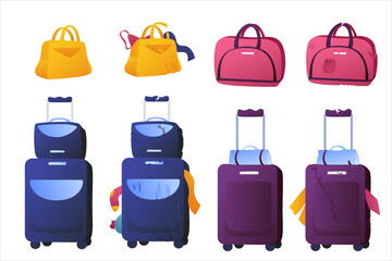 Set of illustrations of luggage bags on a white background. Broken bags, frayed luggage, careless handling of bags. Clothes sticking out of bags with wheels.
