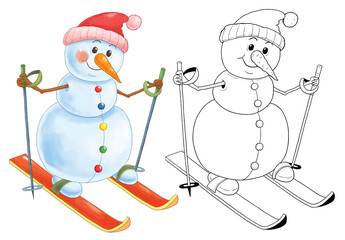 New Year, Christmas, winter. Set of cute snowmen. Coloring page. Illustration for children. Cute and funny cartoon characters