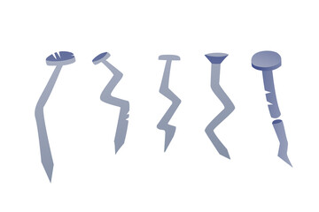 Set of broken iron nails on a white background. Curved nail shape, old tools.
