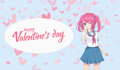 Anime manga schoolgirl in a sailor suit send air kisses.  Vector illustration. Valentine's day card - obrazy, fototapety, plakaty