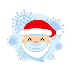 Santa Claus with protective mask and corona virus vector illustration. COVID-19 Christmas cute flat symbol. Pandemic coronavirus New Year 2021 concept