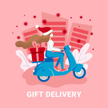 Gift Christmas Contactless Delivery, Coronavirus Online Shopping Concept. Girl Courier In Medical Mask Delivers Gift Box On Scooter. Non Contact Shipping Service Vector Illustration.