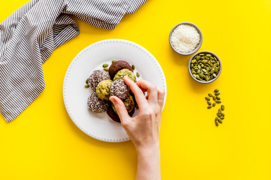 Overhead View Of Vegan Energy Protein Balls With Nuts