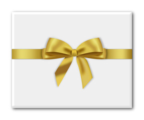 Decorative gift box with golden bow isolated on white. Holiday decoration