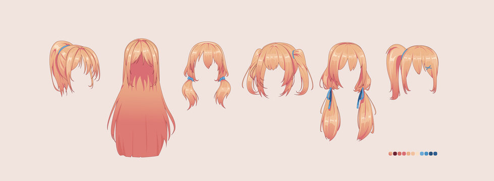 Anime manga hairstyles. Isolated redhead hair set.