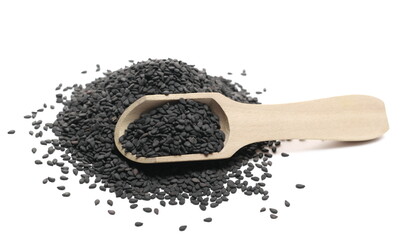 Black sesame seeds pile with wooden spoon isolated on white background