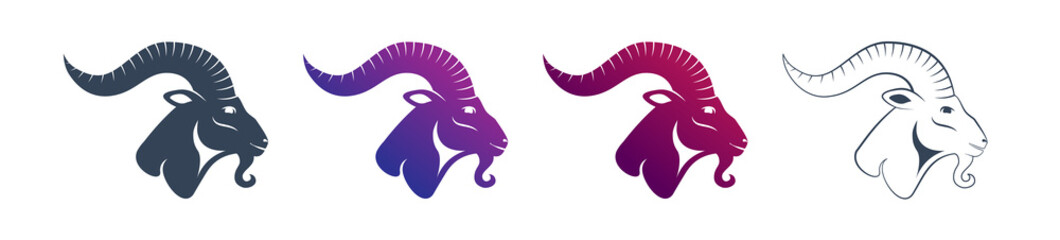 Set of goat head profile icons with a large horn. Side view. Zodiac astrology symbol of the sheep. Capricorn illustration vector flat design Silhuette as a mascot of fortune and sport.