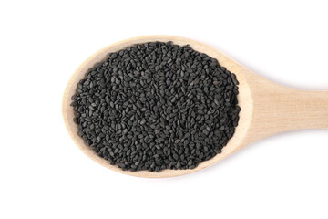 Black sesame seeds in wooden spoon isolated on white background, top view