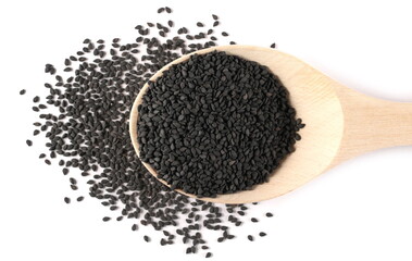 Black sesame seeds in wooden spoon isolated on white background, top view