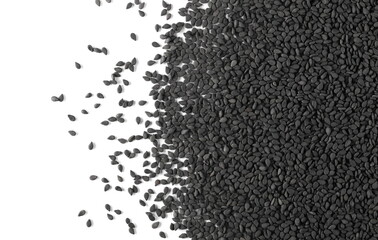 Black sesame seeds isolated on white background, top view