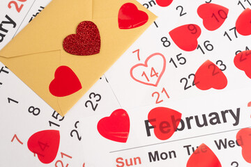 Envelope with hearts on February calendar