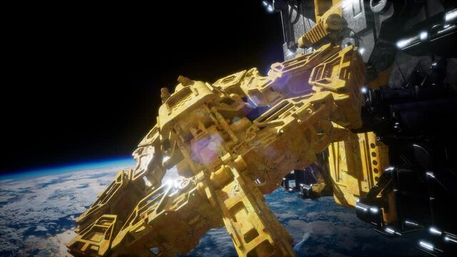 flying an animated space station. 3d rendering. Elements of this image furnished by NASA
