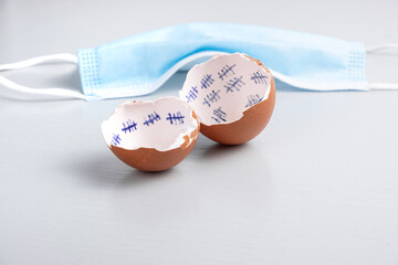 Hatched and opened egg with calendar markings and a medical mask in the background with meaning