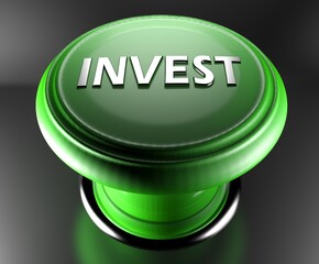 INVEST green push button on black background - 3D rendering illustration
