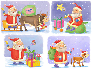 New Year, Christmas, winter. Cute Santa and Ox. Coloring page. Illustration for children. Cute and funny cartoon characters