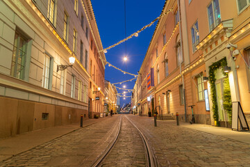 Obraz premium architecture, beautiful, blue, capital, cathedral, celebration, Christmas, church, city, cityscape, day, dome, Europe, European, evening, famous, festive, Finland, Finnish, Helsinki, holiday, Illumina
