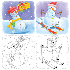 New Year, Christmas, winter. Set of cute snowmen. Coloring page. Illustration for children. Cute and funny cartoon characters