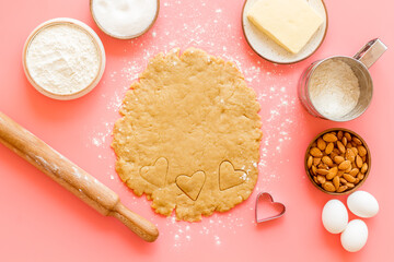 Bakery background with copy space on rolled dough, top view