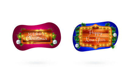 Merry Christmas and Happy New Year Banners Set, Vector Stickers, Sign, 2021