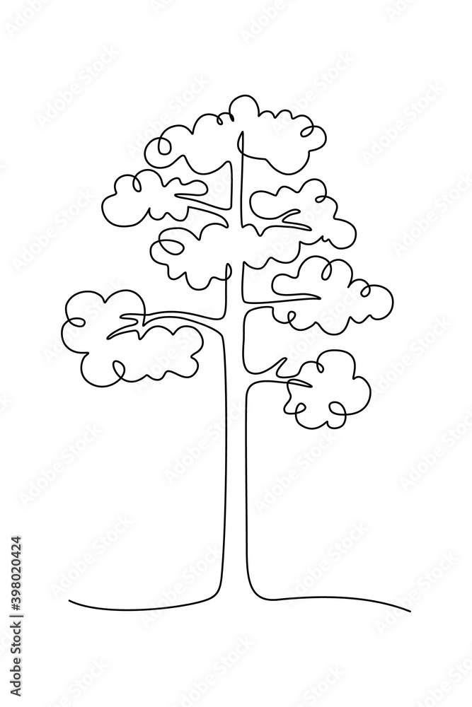 Wall mural tree in continuous line art drawing style. pine tree black linear design isolated on white backgroun