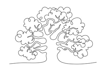 Old tree in continuous line art drawing style. Huge oak tree with thick trunk and many branches black linear design isolated on white background. Vector illustration