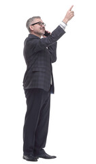 elderly man with a smartphone reading an ad . isolated on a white