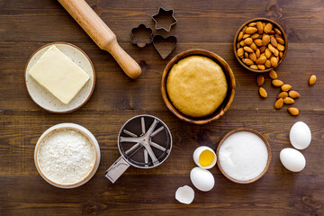 Bakery background. Ingredients and dough for cookies or cake