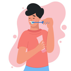 Young man standing in bathroom and brushing his teeth with toothbrush. Daily morning routine, oral or dental hygiene procedure. Flat cartoon vector illustration.