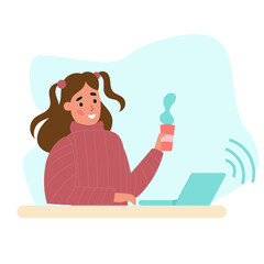 Girl Office worker is sitting at the desk and working on the laptop. Flat vector  illustration isolated on white. Concept illustration for working, freelancing, studying, education, work from home.