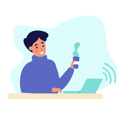 Boy Office worker is sitting at the desk and working on the laptop. Flat vector  illustration isolated on white. Concept illustration for working, freelancing, studying, education, work from home.