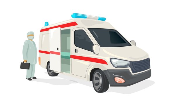 Ambulance truck for ill people, doctor with kit. Vector machine with flasher light or siren, paramedic emergency, medical evacuation design isolated on white background
