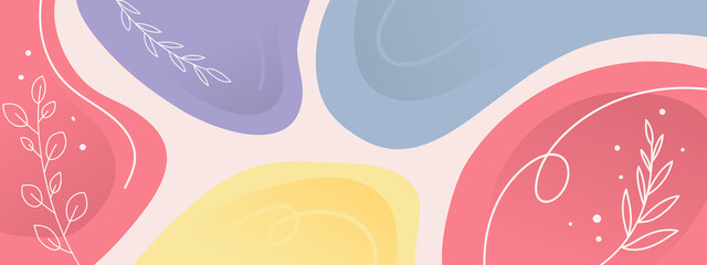 Simple abstract background in bright colors with place for text. Hand drawn doodle shapes and leaves. Social media template modern trendy colors vector. Business beauty template natural style.