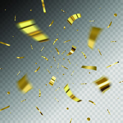 Celebration background template with confetti and gold ribbons. luxury greeting rich card. Flying tinsel elements, gold foil texture serpentine streamers confetti falling party.