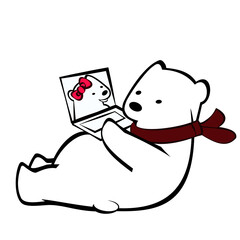 A cute polar bear in red scarf  with laptop look girlfriend in Tinder
